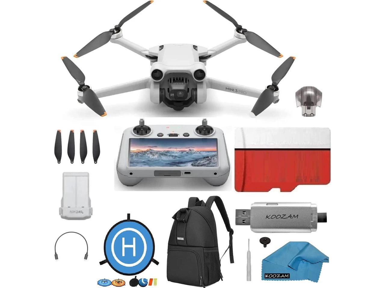 DJI Mini 3 Pro (DJI RC) - Lightweight and Foldable 34-min Flight Time Camera Drone Bundle with Built in Monitor, with 128 GB SD Card, 3.0 USB Card Reader, Landing Pad, Waterproof Backpack and More